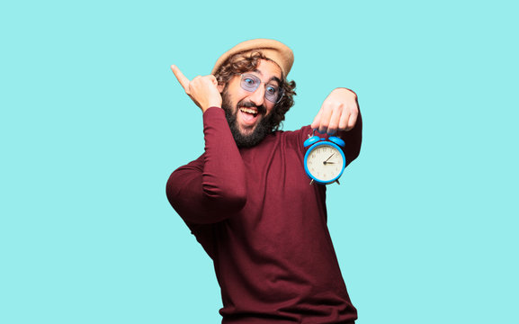 French artist with a beret holding an alarm clock