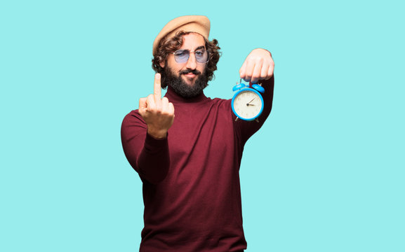French artist with a beret holding an alarm clock
