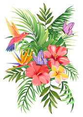 Fototapeta na wymiar tropical bouquet with palm leaves, exotic flowers, butterflies and hummingbirds