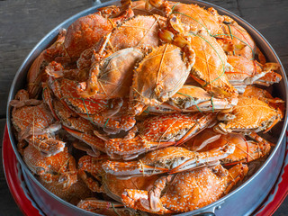 Jumbo steamed crab Being stacked ready to eat in a container.