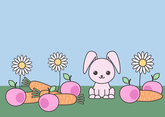 Decorative Easter background with fruit, flowers and rabbit. Suitable for postcard design. Vector illustration EPS10