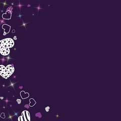 Greeting card with hearts and glitter on a purple background. Romantic confetti from hearts.