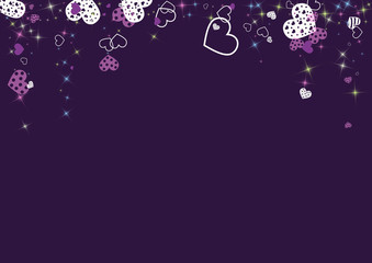 Greeting card with hearts and glitter on a purple background. Romantic confetti from hearts.