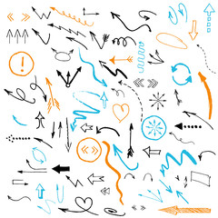 Arrows and abstract shapes doodle writing design vector set.