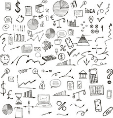 Hand drawn business symbols. Management concept with Doodle design style. 