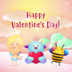 Valentines day invitation design. Sweet monster with red heart, bee with megaphone and cute Cupid, natural landscape in background. Illustration can be used for posters, banners, greeting cards
