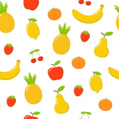 Pattern Cute bright colors of fruits vector collections. Set of fruits are apple, lemon, banana, orange, pineapple, mandarin, cherries, strawberry, and pear.