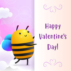 Obraz premium Happy Valentines Day lettering with cute bee. Saint Valentines Day greeting card. Typed text, calligraphy. For leaflets, brochures, invitations, posters or banners.