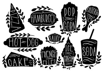 Fastfood set vector illustration. Shape text pizza,hamburger,hotdog,popcorn,sausage,frie,icecream,soda. Stamp icon hand draw.