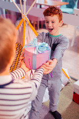 Handsome little male person taking gift box