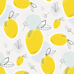 Seamless vector pattern of hand graphic drawing organic yellow lemon for colorful spring summer season. Fruit and plants pattern for fabric, textile, paper, wallpaper, wrapping or greeting card.