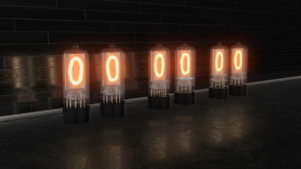 inscription 000000 is burning on old television lamps against a black wall, 3d illustration
