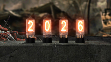 inscription 2026 burns on old television lamps against the backdrop of the devastation of the apocalypse, 3d illustration - obrazy, fototapety, plakaty