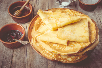 Crepes are homemade. Pancakes. Selective focus. Food - obrazy, fototapety, plakaty
