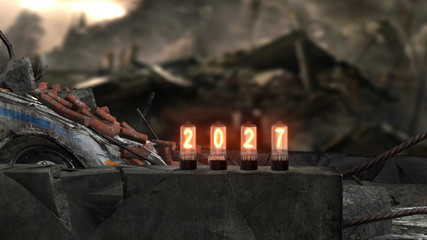 inscription 2027 burns on old television lamps against the backdrop of the devastation of the apocalypse, 3d illustration