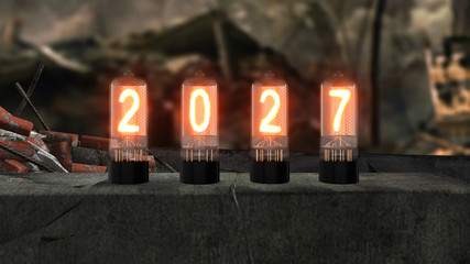 2027 inscription burns on old television lamps against the backdrop of the devastation of the apocalypse, 3d illustration - obrazy, fototapety, plakaty
