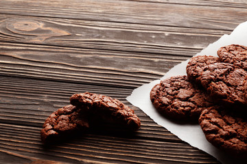 Brownies on wooden background. Top view. Sweet Homemade Pastry christmas baking. Close-up.