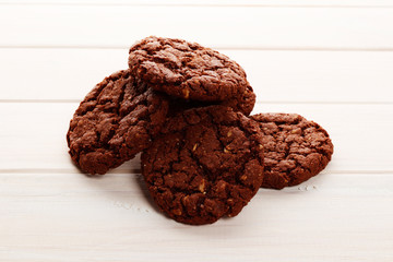 Brownies on wooden background. Top view. Sweet Homemade Pastry christmas baking. Close-up.