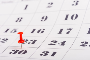 selective focus of red pin on number 30 in calendar