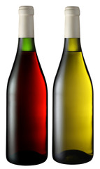 Two wine bottles of red and white wine. Clipping path for each item.