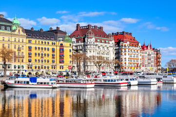 Fototapeta na wymiar Buildings on Strandvagen embankment, Stockholm, Sweden
