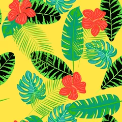 Fototapete Rund Tropical pattern with hibiscus flowers and leaves. Exotic seamless pattern with tropical leaves. Ethnic Background with Hawaiian flowers and plants. © Natallia