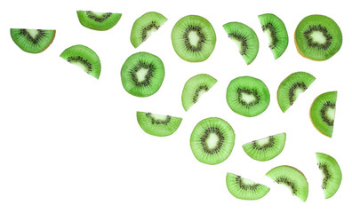 Top view of sliced kiwi on white background .