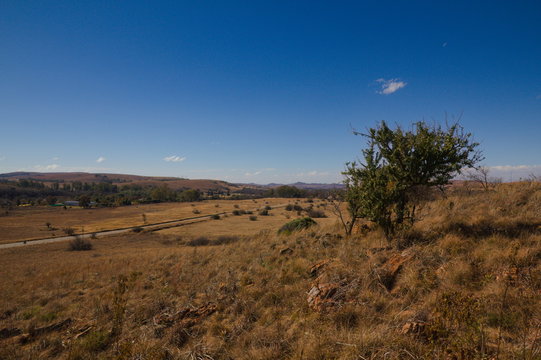 View over the country in South Africa with a clear blue sky