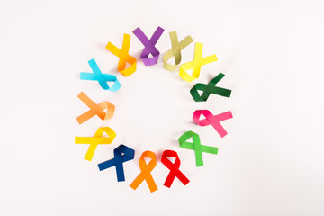 top view of colorful ribbons arranged in circle isolated on white, world cancer day concept