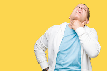 Middle age arab man wearing sweatshirt over isolated background Touching painful neck, sore throat for flu, clod and infection