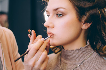 Applying makeup on face. Makeup artist paints makeup brush model lips