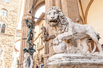19 OCTOBER 2018, FLORENCE, ITALY: Medici lion statue