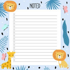 Planner template with hand-drawn lion and giraffe. Form, organizer, to-do list. Scandinavian style. For print.
