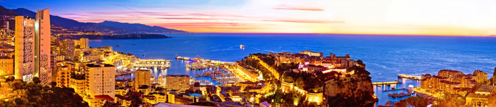 Monte Carlo cityscape colorful evening panoramic view from above