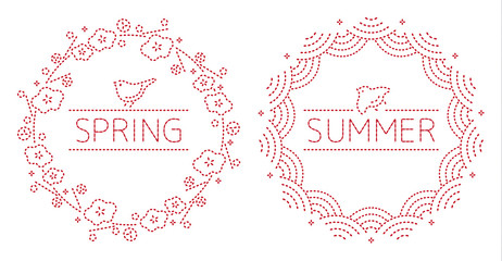 和風モダン刺繍模様 - 鳥と季節（春の梅と鶯／夏の千鳥と青海波）丸型縁飾り枠