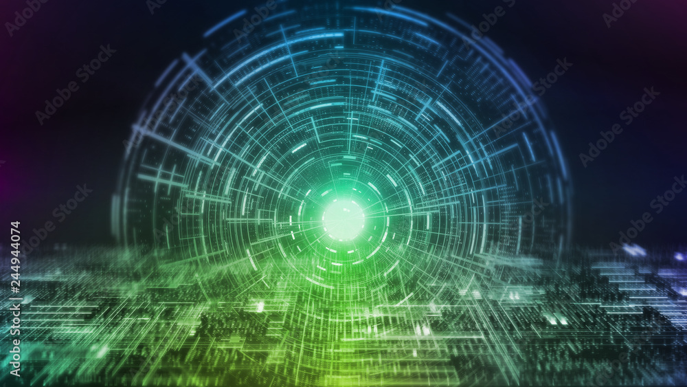 Poster 3d rendering of abstract background. digital hud interface on glowing blur circuit. for artificial i