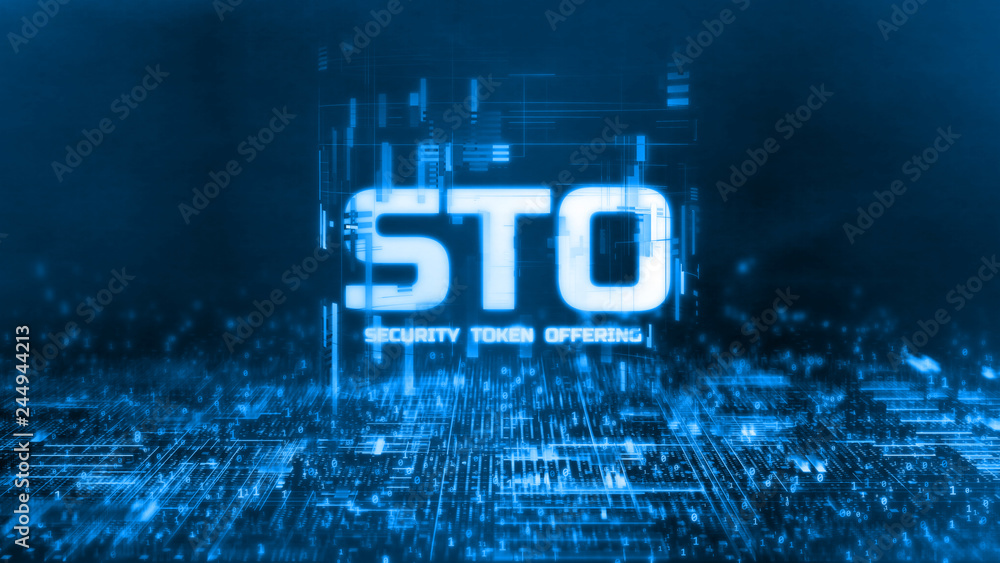 Poster 3d rendering of glowing security token offering (sto) text on abstract binary background. for crypto