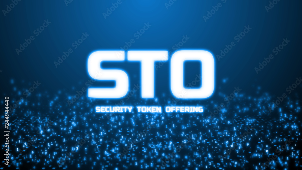 Poster 3d rendering of glowing security token offering (sto) text on abstract binary background. for crypto