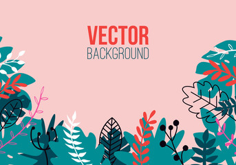 Vector natural horizontal background in trendy flat style with multicolored exotic plants, leaves and place for text. Modern botanical illustration for banner, greeting card, poster.