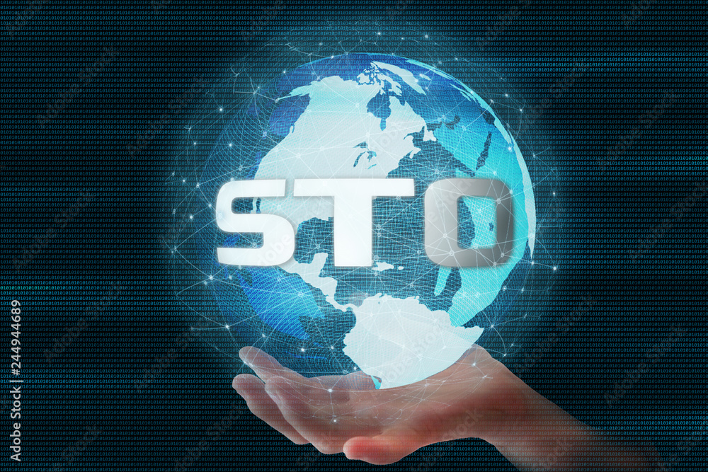 Poster security token offering (sto) text on 3d rendering futuristic globe sphere led surrounded by global 
