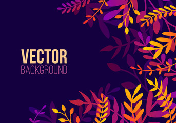 Vector natural horizontal background in trendy flat style with gradient colored exotic plants, leaves and place for text. Modern botanical illustration for banner, greeting card, poster.