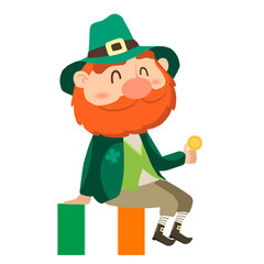 Leprechaun with a hat and a gold coin. St. Patrick's day card.