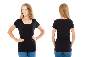 collage empty t-shirt, woman in blank t shirt - front back views, black tshirt isolated on white