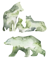 Watercolor double exposure elements. Handpainted  watercolor forest animals set. Use for postcard, print, invitations, packaging etc. - 244946268