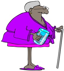 Old woman with her dentures in a glass