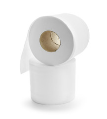 Rolls of toilet paper on white background
