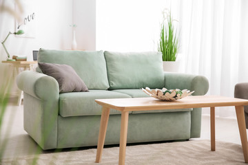 Stylish interior of living room with comfortable sofa and wooden table
