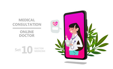 Online doctor woman character or patient consultation to the doctor via smartphone, can use for poster, banner, flyer, landing page, template, mobile app, ui, web. Medicine llustration concept 