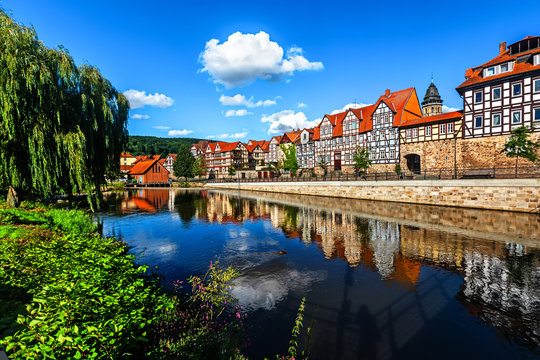 Hannoversch Munden with medieval half-timbered houses across Werra river.