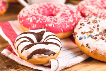 Sweet donut on table, fresh baked American donuts